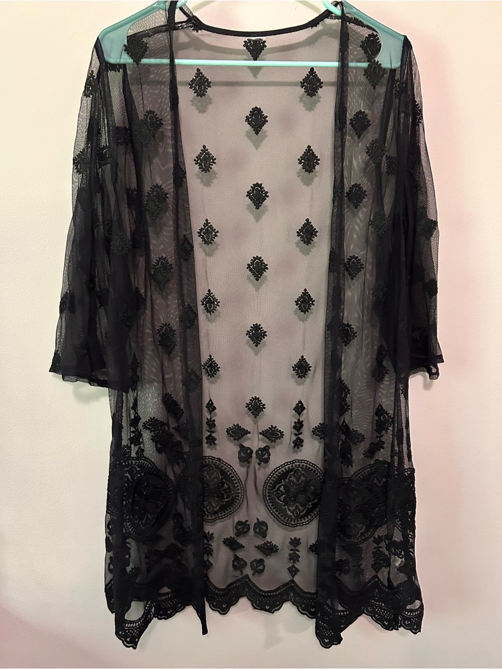 Sheer Embroidered Black Lace Kimono